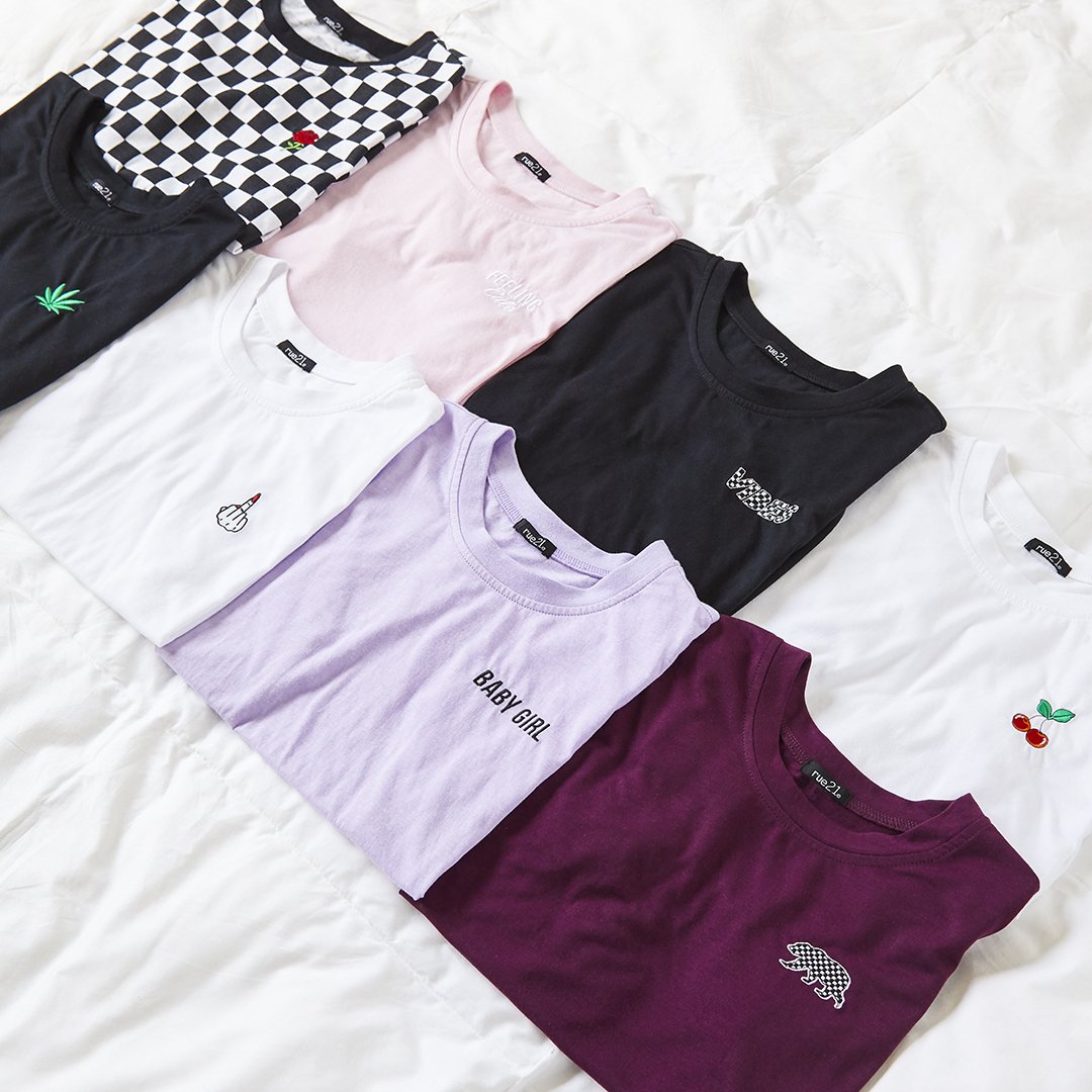 rue21's tweet photo. One of each, please 😍 Check out the latest embroidered tee styles, in-store and online! #embroideredtees #BTSstyle #rue21 https://t.co/SI3jMEGN95 https://t.co/Qyy0Tnda7y