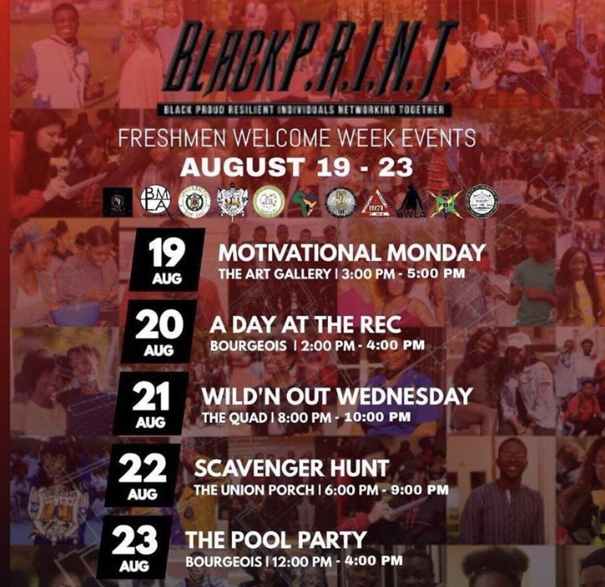 ULBlackPRINT's tweet image. JUST ONE WEEK AWAY!!! 😏🥵🤪

Calling ALL of #UL23 out to our 2019 BlackP.R.I.N.T. Freshmen Week!!!🚨 We have a bunch of events lined up, soooo come out, bring your friends, network, and have fun!!! #BlackPRINT2019 #ULGetInvolved #GeauxCajuns

See you there!!! #WhosWhoOfUL 🔥