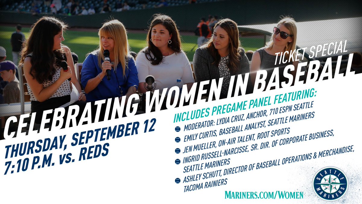 Mariners's tweet photo. Our third annual Celebrating Women in Baseball Night is just one month from tonight. 

Join us for a ballgame and what sets up to be an outstanding panel.

🎟️ https://t.co/PWL9hidzNb https://t.co/caRR2ZTp2V