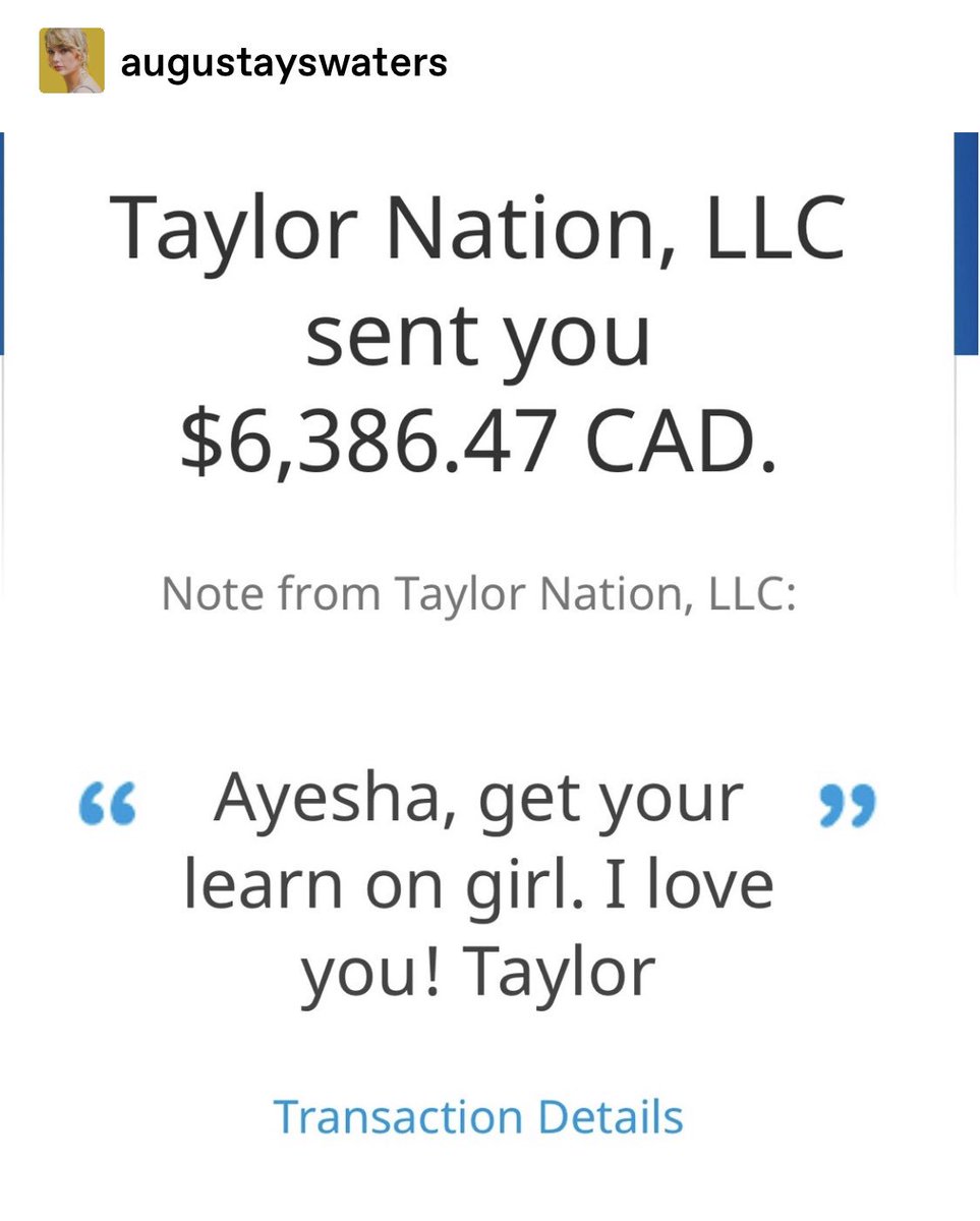 TSwiftNZ's tweet photo. 💰 | Taylor just donated $6,386.47 CAD to help with a fans tuition and rent today after they shared that they were having trouble affording both

“Ayesha, get your learn on girl. I love you! Taylor” https://t.co/AifpWiVKJc