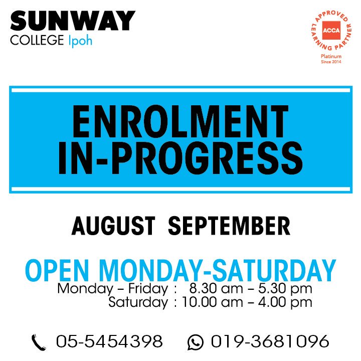sunwaycol_ipoh's tweet photo. Let's meet up to discover your potential! Pathway to a Brighter Future.
#SunwayCollegeIpoh #CAT #ACCA #FoundationinArts #Diploma #Business #Marketing #EntrepreneurshipandInnovation #BusinessInformationSystem #GraphicDesign #InteriorDesign #August2019Intake #September2019Intake https://t.co/Tuud8nSDE1