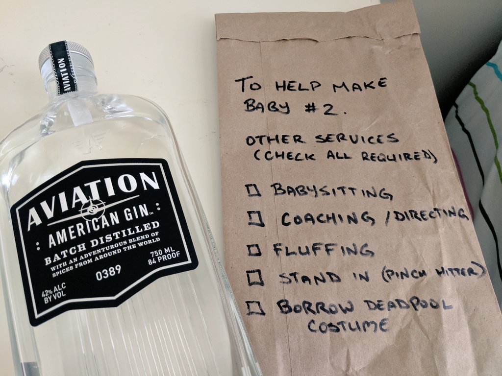 brian4591's tweet image. Out-of-town friends vacationing with us. Gave them a gift to help with making baby #2  @VancityReynolds @AviationGin #cosplay #fluffing #bestgin #babymaking