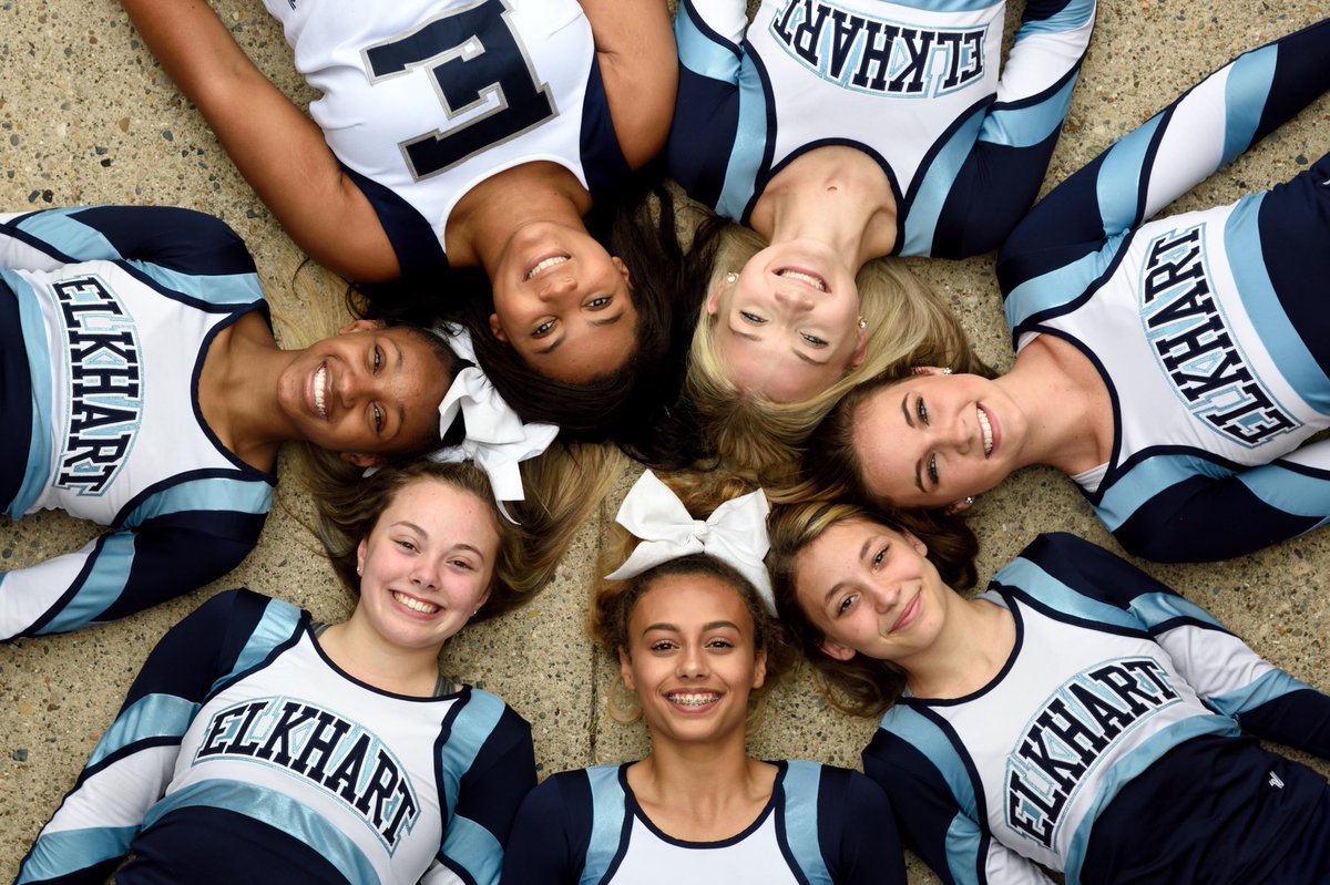 Elkhart_Cheer's tweet photo. Picture day! Next up is a photo shoot with our cheer friends from @MHSChargerCheer ! 💙❤️📣 https://t.co/5lGk4Xv1LE