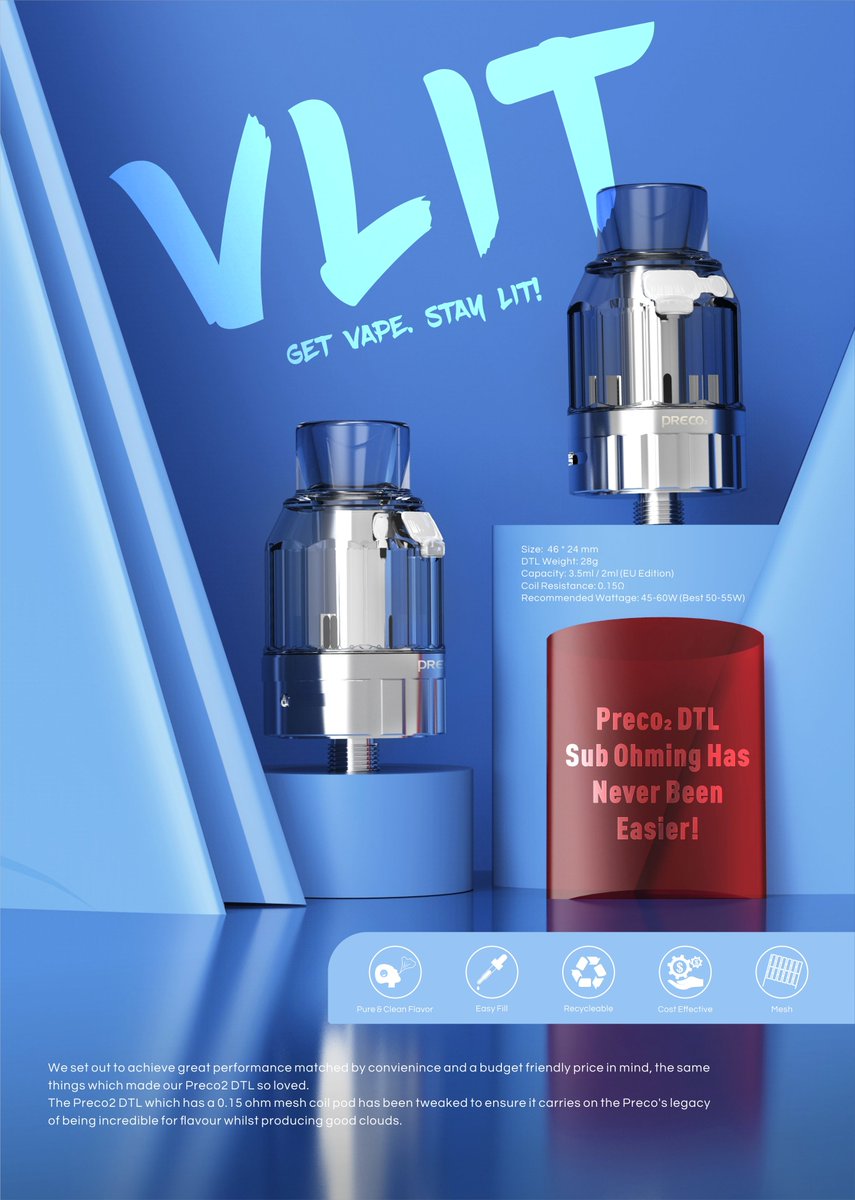 vzonetech's tweet photo. Preco 2 DTL Features:
Refillable Pod - Replaceable Cartridge
3.5mL Juice Capacity
Top Fill System - Silicone Stoppered
0.15ohm DTL Mesh DPod - 50-55W
-
-
#preco2DTL #precotank #vlitvape #vlit #vzonetech #vzonecigs #vape https://t.co/gOE1l0sYAr
