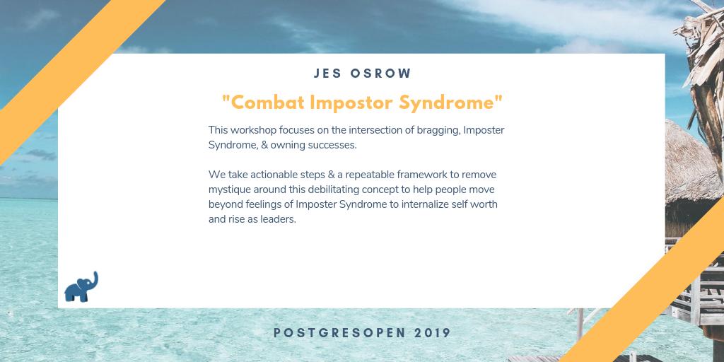 PostgresOpen's tweet photo. It's important to learn the practical skills, too - and it can help your productivity! Learn how to "Combat Impostor Syndrome" with @j0srow at #PostgresOpen2019 in her workshop. Spots are limited - sign up now!

https://t.co/jLbYyJ7lD9

#womenintech #womeninstem #fantasticorlando https://t.co/4XO4Szd3yV