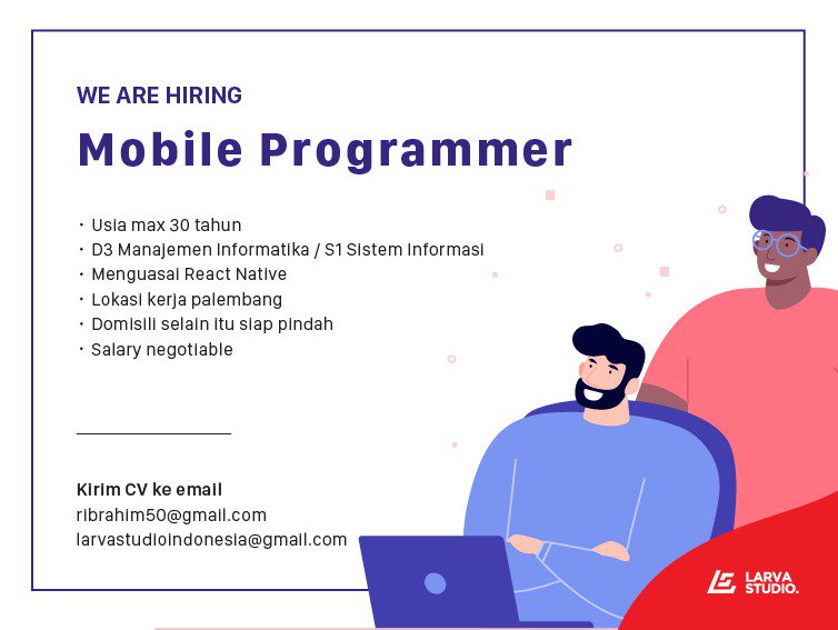 rezaibrahim2's tweet image. Urgently needed 
#loker #mobileprogrammer #reactnative #larvastudio #openjob #notopenbo