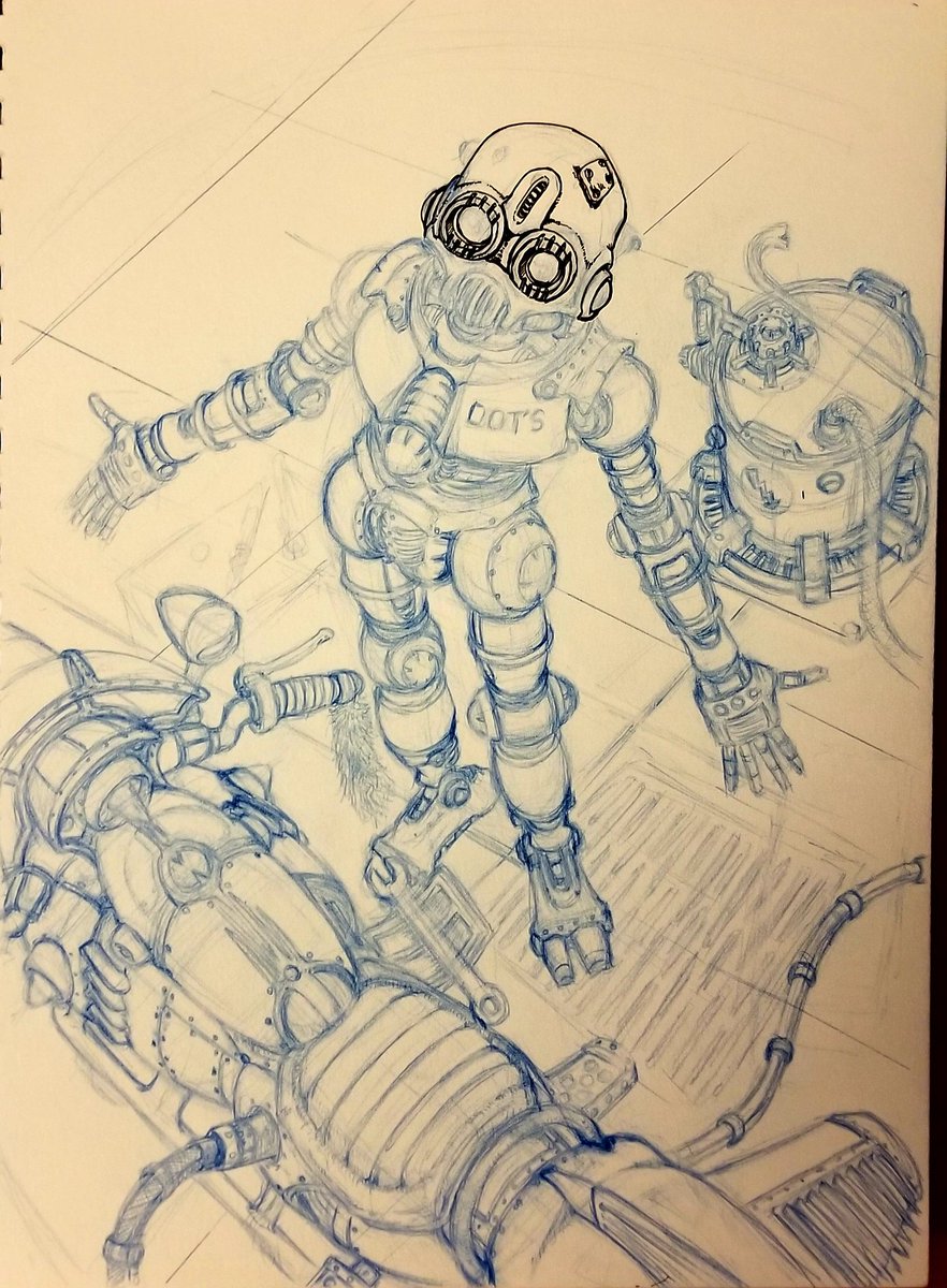 GregoryTDees's tweet photo. Inking has commenced! 🤓 #neonseedstudios #workinprogress #steampunk #dieselpunk #raypunk #atompunk #decopunk #cyberpunk #mecha #mech #robot #bot #pencil #blue #inking #ink #pen #inktober #micronpen #sepia #marchofrobots #dents #tools #rocket #rocketbike #garage #dots #mechanic https://t.co/3EO0km9i9z