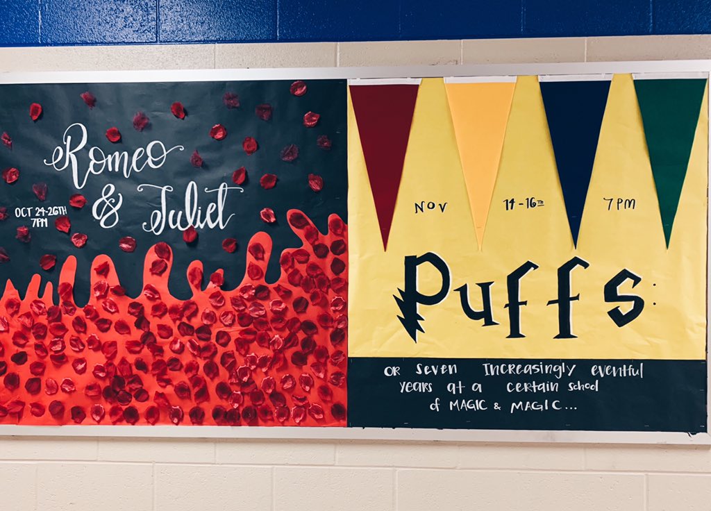 HebronTheatre's tweet photo. Our HTC officers worked hard on our last day of summer to make our boards look perfect for the first day, here’s a sneak peek! 🤩⭐️🎭 Who’s excited for the 2019-2020 school year?!?! https://t.co/prZdQ6wjgO