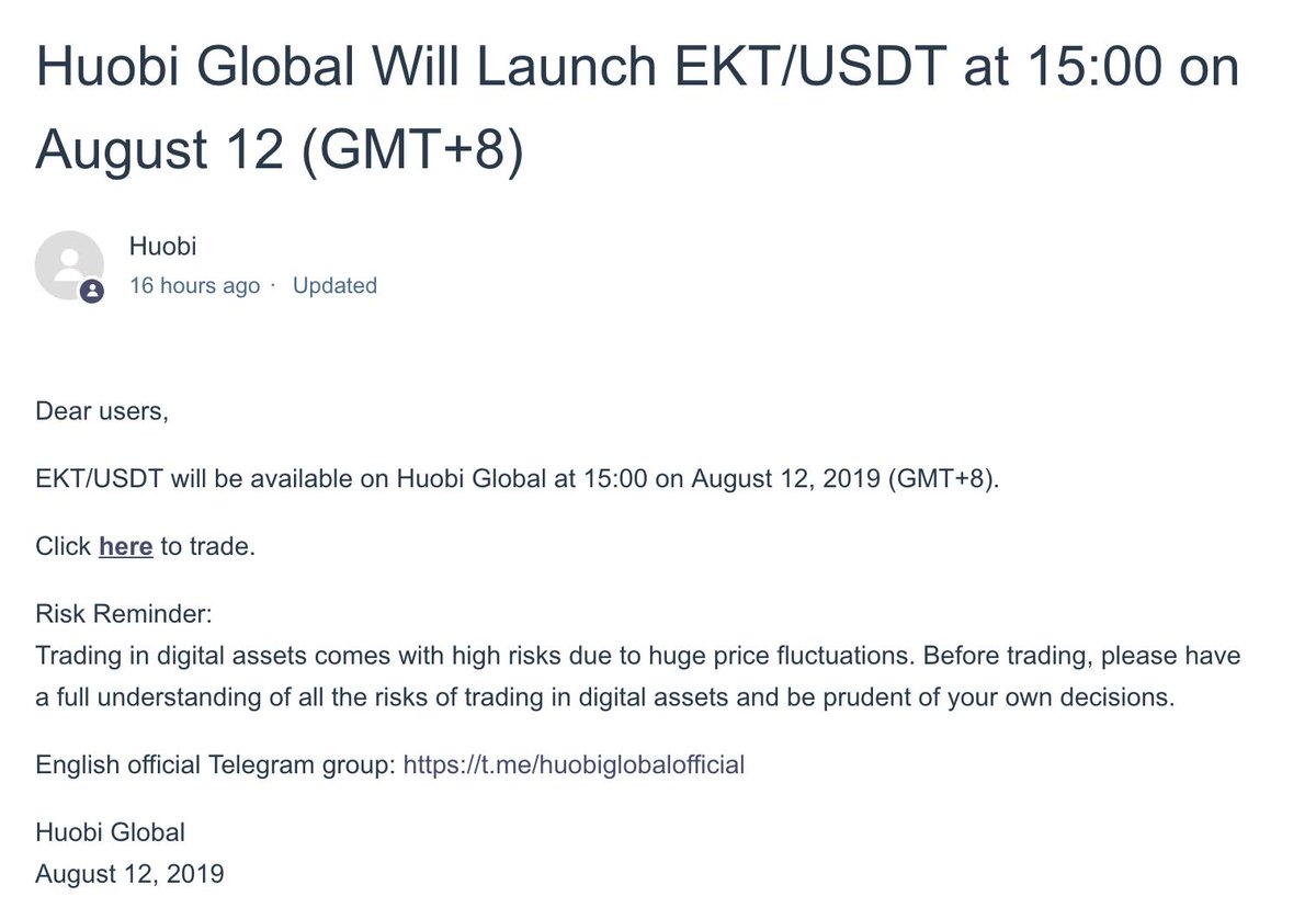 EKTcoin's tweet photo. $EKT/$USDT New trading pair has lauched on @HuobiGlobal !👏🥳👍 https://t.co/7C9iCGebjG