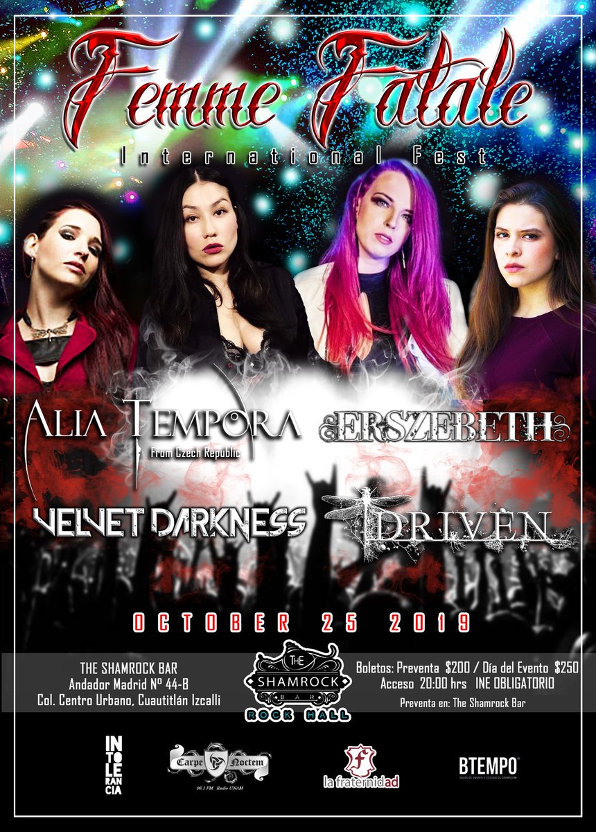 📢 Amig@s de #CuautitlánIzcalli Les presentamos el cartel del "Femme Fatale" International Fest
🇨🇿 @aliatemporaofficial (República Checa), @erszebethmex, <a href="/drivenoficial/">Driven</a>, <a href="/vd_band/">Velvet Darkness</a> Viernes 25 de Octubre en @TheShamrock! 🎟️Boletos🎟️ en preventa a partir del 19 de agosto.