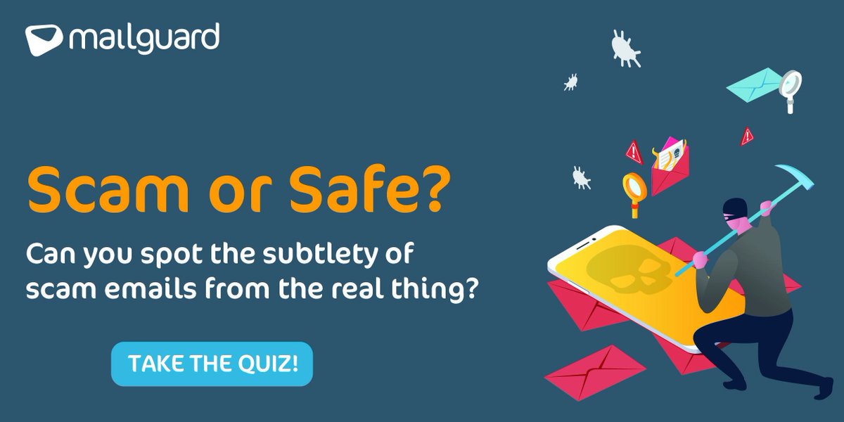 MailGuard's tweet photo. Australians are set to lose $532 million by the end of the year, due to scams. This #ScamsWeek2019, find out if you know how to spot a scam email from a safe one - you might just save your business from huge losses! Take our #ScamOrSafe quiz here: https://t.co/opGxsjukWN https://t.co/KHIMd2HOZw