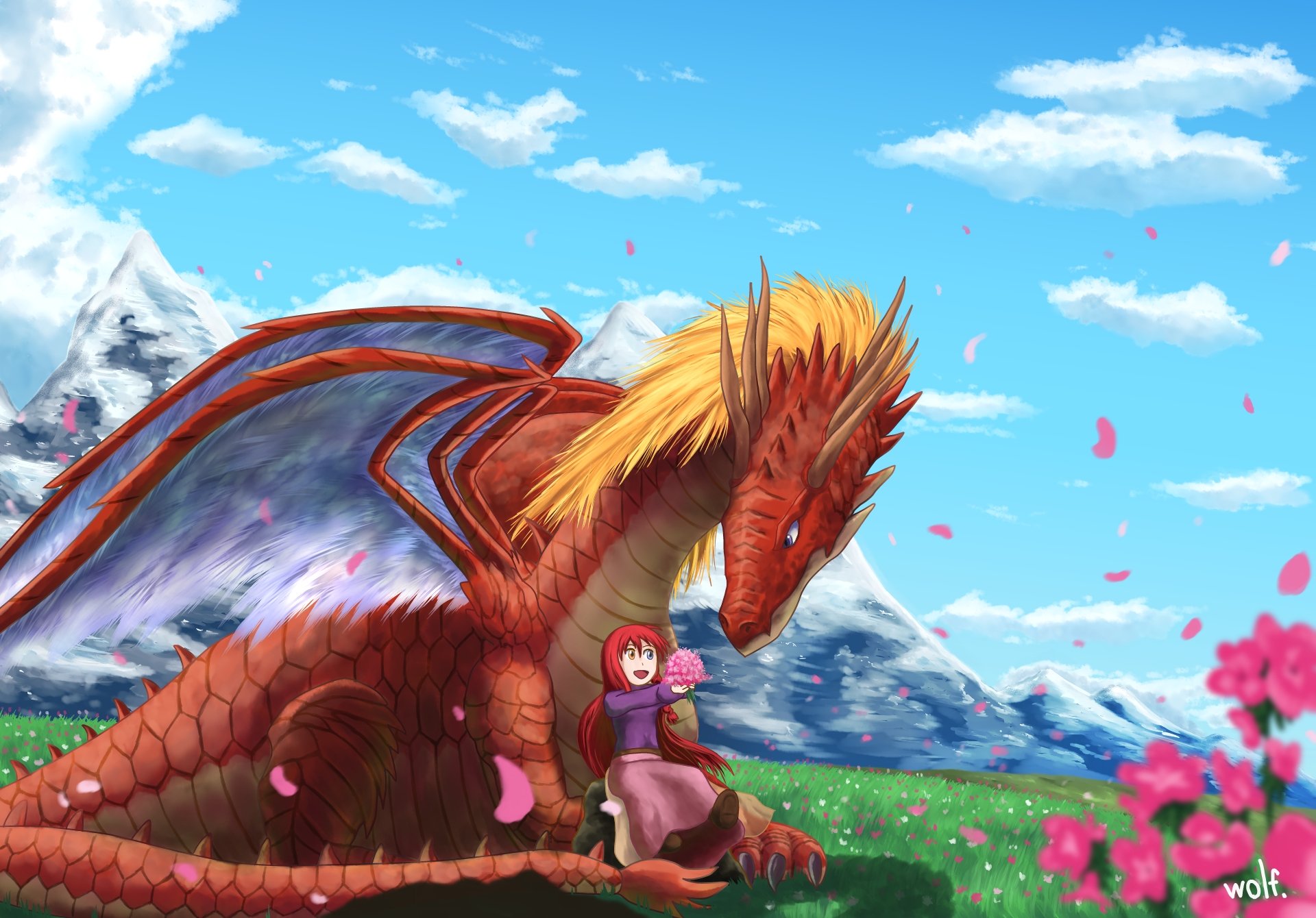 オオカミ 新しい塗り方の練習で描いていた絵が完成しました タイトル 秘密の友達 イラスト ドラゴン ファンタジー お絵描き T Co 3133ztpzou Twitter