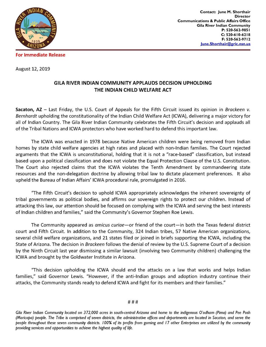 GRIC_Official's tweet photo. 🚨Gila River Indian Community Applauds Decision Upholding The Indian Child Welfare Act https://t.co/b0PrTH4fYq