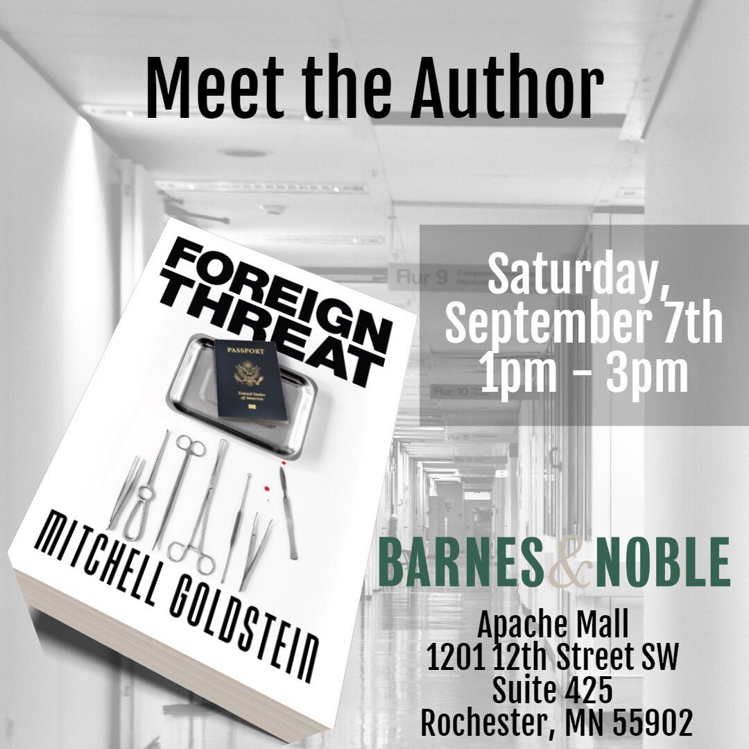 ElevationBkPub's tweet photo. Mark your calendars for Saturday, September 7th at 1pm-3pm. 
Meet the Author at Barnes and Noble Apache Mall Rochester, MN. 
#suspense #thriller #medicalthriller #booksigning #barnesandnoble #bookclubs #rochestermn #books #readers #twitterbooks https://t.co/ApmzhUnLH9
