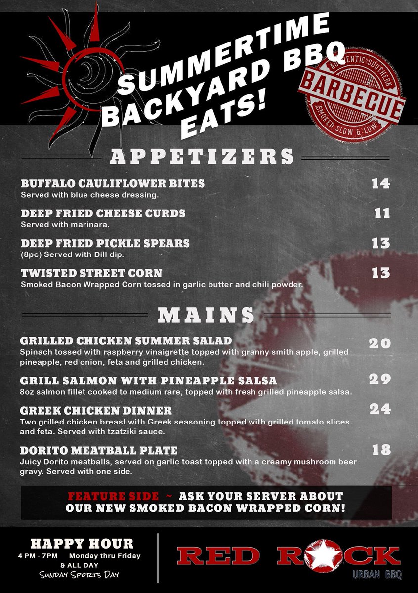 RedRockUrbanBBQ's tweet photo. What isn't happening!!  New summer feature menu is in full swing.  Try the new summer drink menu too! https://t.co/yI1OfSRLR9