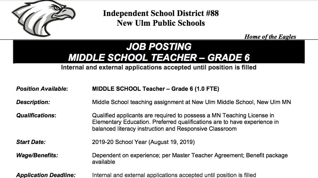LeadInTheMiddle's tweet photo. New Ulm Middle School is looking for a 6th grade teacher...please share if you know anyone who may be interested. https://t.co/gBPNRAaW2H