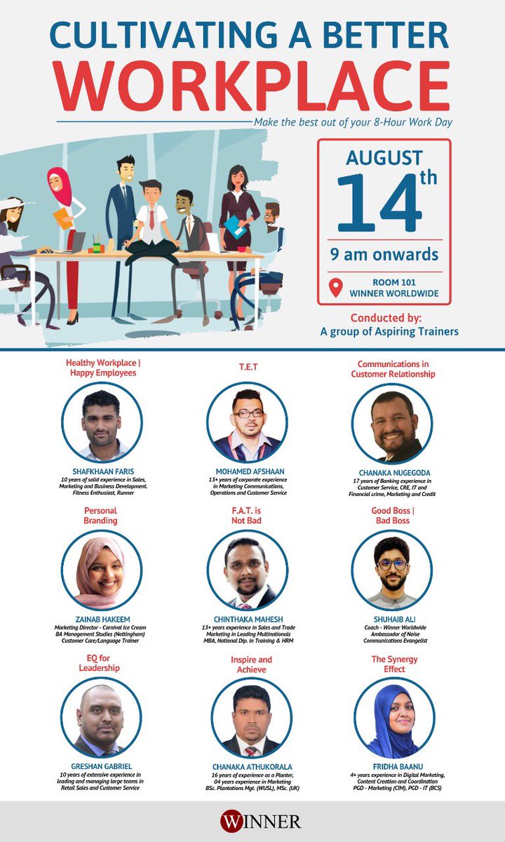 winner_lk's tweet photo. One-day #training programme focusing on 3 areas:
1. Customer Relationship
2. Lifestyle at Work
3. Leadership

Entrance - FREE

Please fill in this form if you’re interested in attending it 👉🏽 https://t.co/wtGeySDyLK

@Arshad_winner @ShuhaibAli @savithrieureka @thewomanfriday #lka https://t.co/WHEOhyESNZ