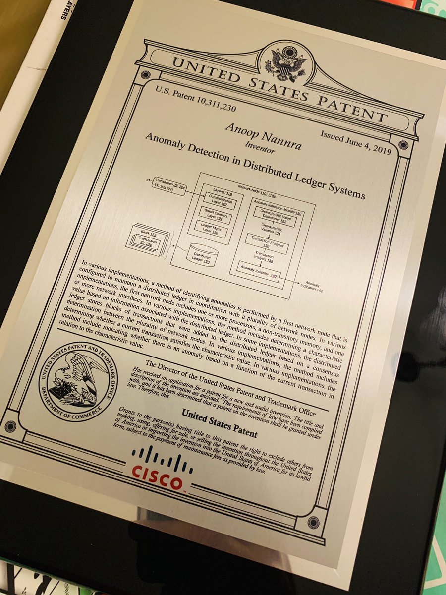 anannra's tweet photo. I know some in the #blockchain space hate patents... but it’s still cool to get a plaque 😉 My first of two that have been granted 😎 https://t.co/w06L5lRUKi