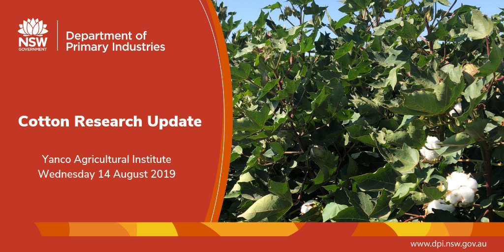 What's new in #cotton research? Get the latest updates from @NSWDPI_AGRONOMY @CottonInfoAust @cottonrdc researchers at #Yanco Wednesday 14 August from 0900 until 1600. Advisers, please bring your growers. Call DPI Hayden Petty 0447 825 052 for more information