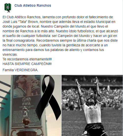 SC_ESPN's tweet photo. El Club de Ranchos, donde Tata Brown nació, se sumó a las condolencias por la muerte del campeón del mundo. https://t.co/m3R3siZvI0