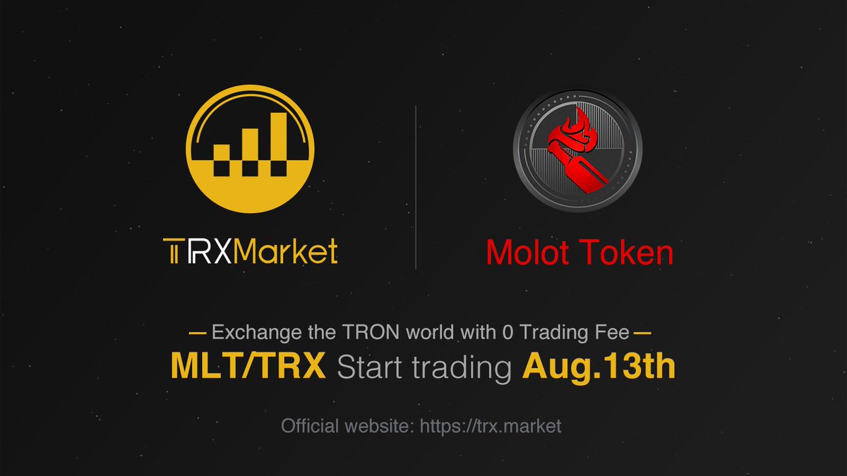 ▶️New Listing◀️

TRXMarket will list a new trading pair today MLT/TRX.
 
$MLT is from <a href="/MolotovLabGames/">Molotov Lab Games</a>, a TRC-20 compatible token needed to in-game transactions and implementation in other 3-rd party games and gaming services.

Welcome to trade on TRX.Market. 
$TRX