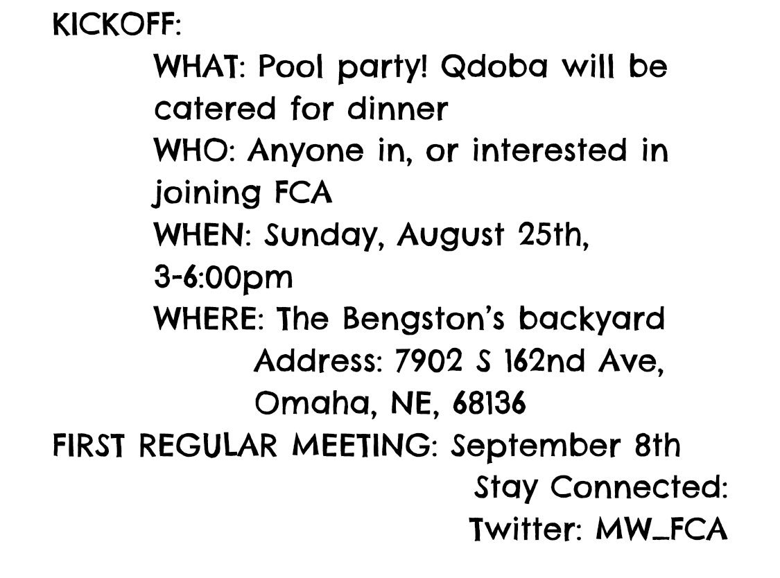 MW_FCA's tweet photo. ✖️2019 - 2020✖️

NEW YEAR NEW FUN !

Make sure you read ALL the following info, especially about our kickoff!!!

POOL PARTY and QDOBA will be catered 🤩🙌🏼

Do not miss out on our AWESOME kickoff and make sure to bring a friend!
@FCANebraska ✝️ https://t.co/8alXwdVISX