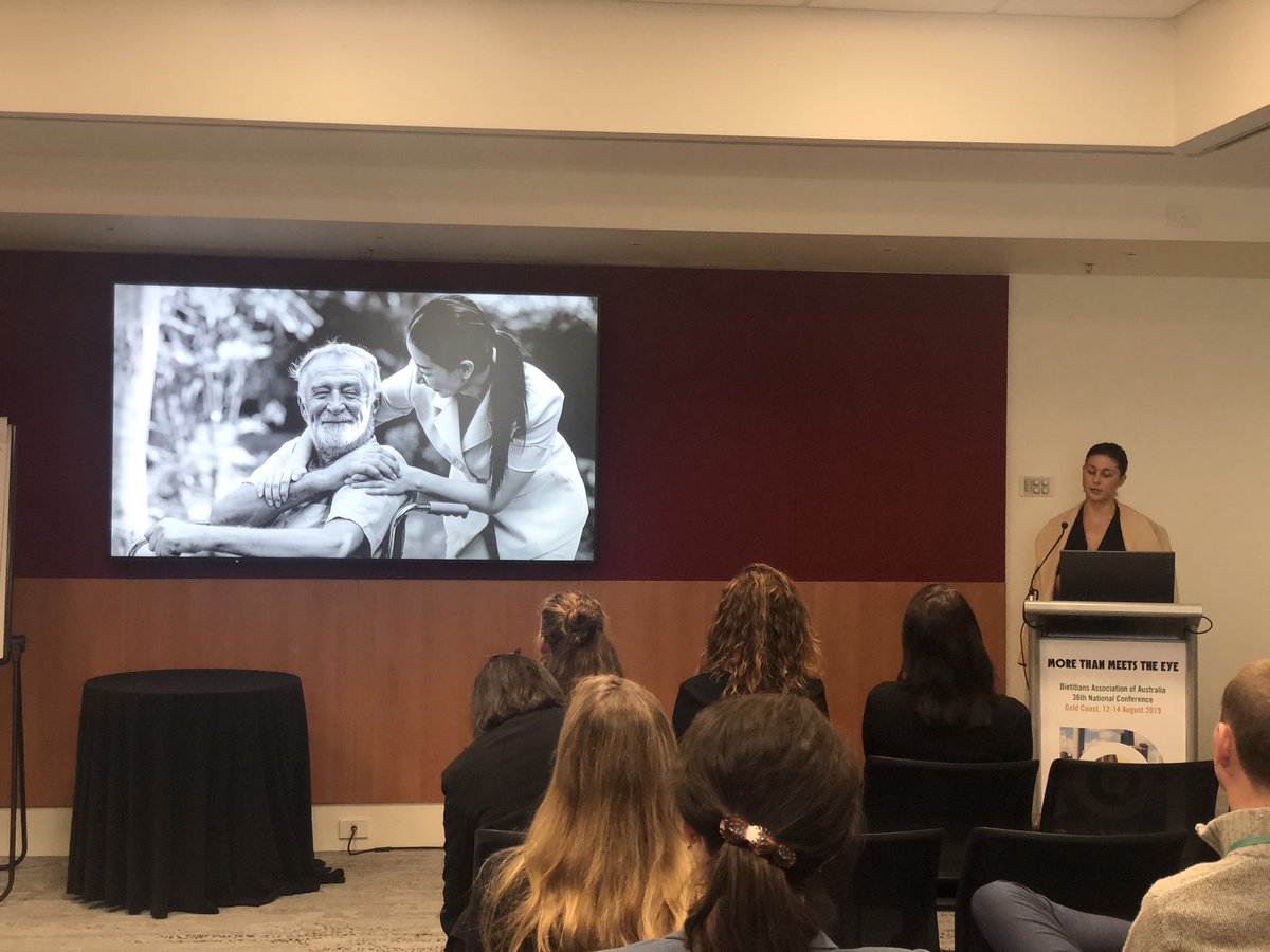 DrSkyeMarshall's tweet photo. “Being the face but not the architect” #BondDietetics Alumna Alexandra Lindeberg explores the barrier faced by nurses in giving #stroke patients #texmod diets they didn’t understand and were embarrassed by. #APD “we’re all in this together”! @DAA_feed #DAA2019 https://t.co/itx550DhG1