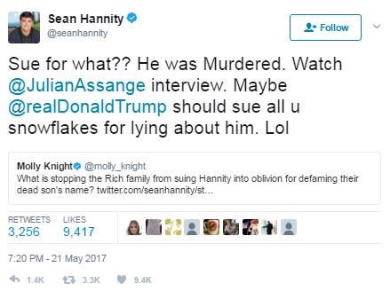 Within hours Media Matters and other large Democrat groups would crucify Sean Hannity. Sean Hannity within 48 hours would step away and say he's no longer going to talk about Seth Rich or the murder. He hasn't spoken of it since May 2017..  #SethRich  #HisNameWasSethRich