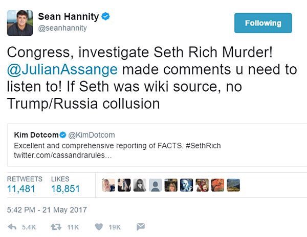 Within hours Media Matters and other large Democrat groups would crucify Sean Hannity. Sean Hannity within 48 hours would step away and say he's no longer going to talk about Seth Rich or the murder. He hasn't spoken of it since May 2017..  #SethRich  #HisNameWasSethRich