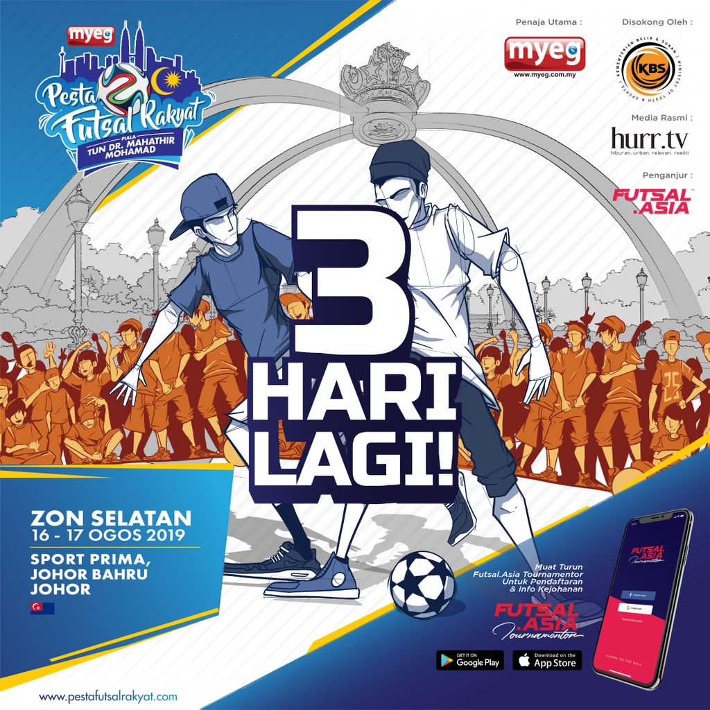 pestafutsal's tweet photo. 3 HARI LAGI!⠀⠀
⠀⠀
PESTA FUTSAL RAKYAT PIALA TUN DR MAHATHIR MOHAMAD 2019 @ ZON SELATAN
⠀⠀
Tempat: JB Sports Prima, Johor Bahru⠀⠀
Tarikh: 16 &amp; 17 Ogos 2019⠀⠀
Masa: 8am - 7pm⠀⠀
⠀⠀
Semua dijemput hadir kerana terdapat pelbagai aktiviti menarik! https://t.co/0C1niRKRP5