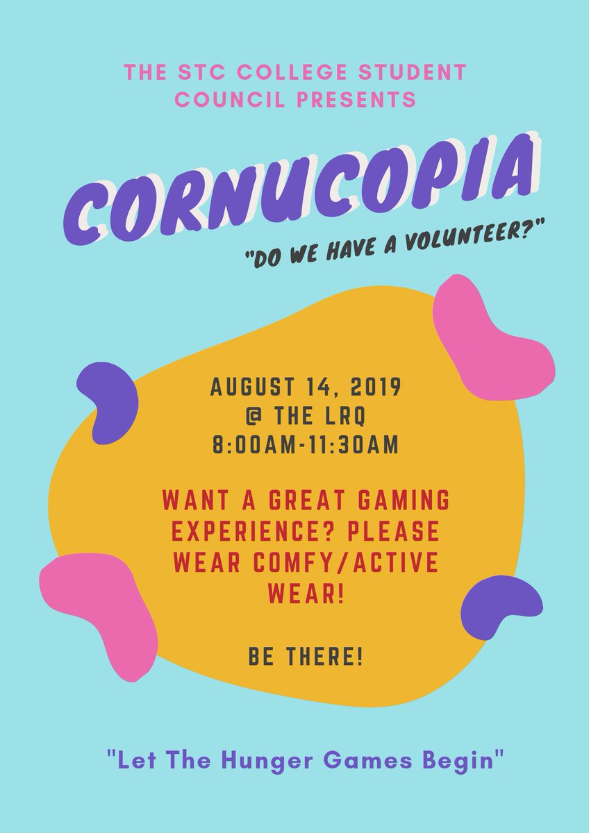 STCSCOfficial's tweet photo. Ever wanted to play the Hunger Games? Well now you can! Introducing to you Cornucopia, STC College's very own Hunger Games!
Want a great gaming experience? Please wear comfy/active wear!

So what are you waiting for? Join us tomorrow! 

May the odds ever be in your favor. https://t.co/5TNLSJV8iA