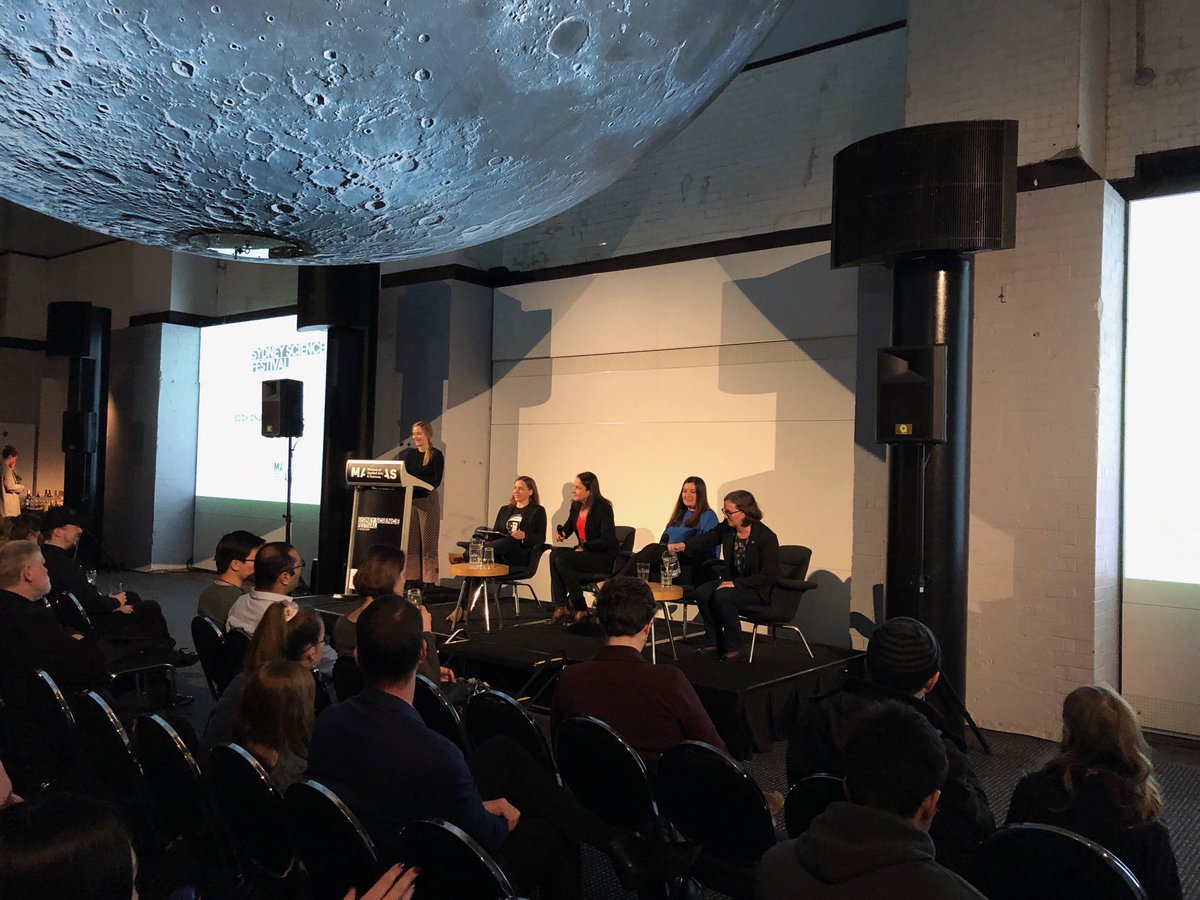 PeterBClark's tweet photo. Fantastic panel discussion tonight with Dr Lisa Harvey-Smith, Aude Vignelles, Andrea Boyd and Dr Sarah Pearce on Australia’s growing contribution to space science. Luke Jerram’s fabulous Museum of the Moon sculpture @maasmuseum set the scene ⁦@SydScienceFest⁩ #SSF19 https://t.co/Tn8x0Nc5GE