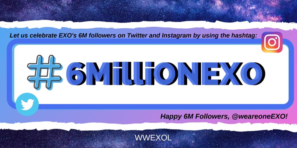 EXOGlobal's tweet photo. [!] 190813 To celebrate the achievement of #EXO's Twitter &amp; Instagram account reaching 6M followers today, let's use #6MilliONEXO and start trending it now!

WE ARE ONE! ❤️ Thank you for the support EXO-Ls! 

Do follow them if you still haven't.

#엑소 @weareoneEXO https://t.co/l1gV96qYqJ