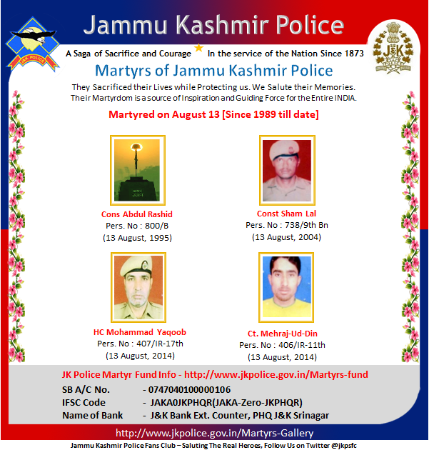 wassimgul's tweet photo. #JKP #JammuKashmirPolice🇮🇳 #Tribute #bharatkeveer
🌼Kuchh Yaad Unhe Bhi Kar Lo, Jo Laut Ke Ghar Na Aaye🌼
Martyred on #August_13 [Since 1989 till date]

#JammuandKasmir #TuesdayThoughts #KashmirWelcomesChange #Kashmir #KashmirLooksAhead #Srinagar #TuesdayMorning #Jammu #Ladakh https://t.co/Nznbbv1VFR