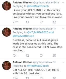 After our first trip to Washington, D.C. investigating in the summer of 2017, A Detective named Antoine Weston from Washington, D.C. Police's 3rd District would attack me on Social Media. Here are the Tweets.  #SethRich  #HisNameWasSethRich