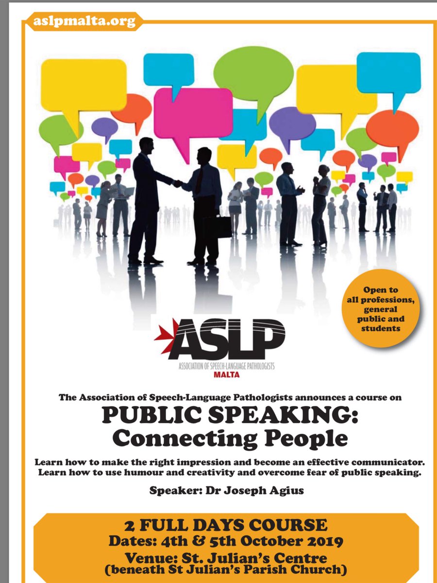 agiusjojo's tweet photo. Public Speaking MasterClass: 
4th - 5th October2019 - Malta. 
‘Wake ‘em up’ during your presentations! Booking through info@aslpmalta.org or +356 79919395 #publicspeaking https://t.co/6fXVrxuoi5