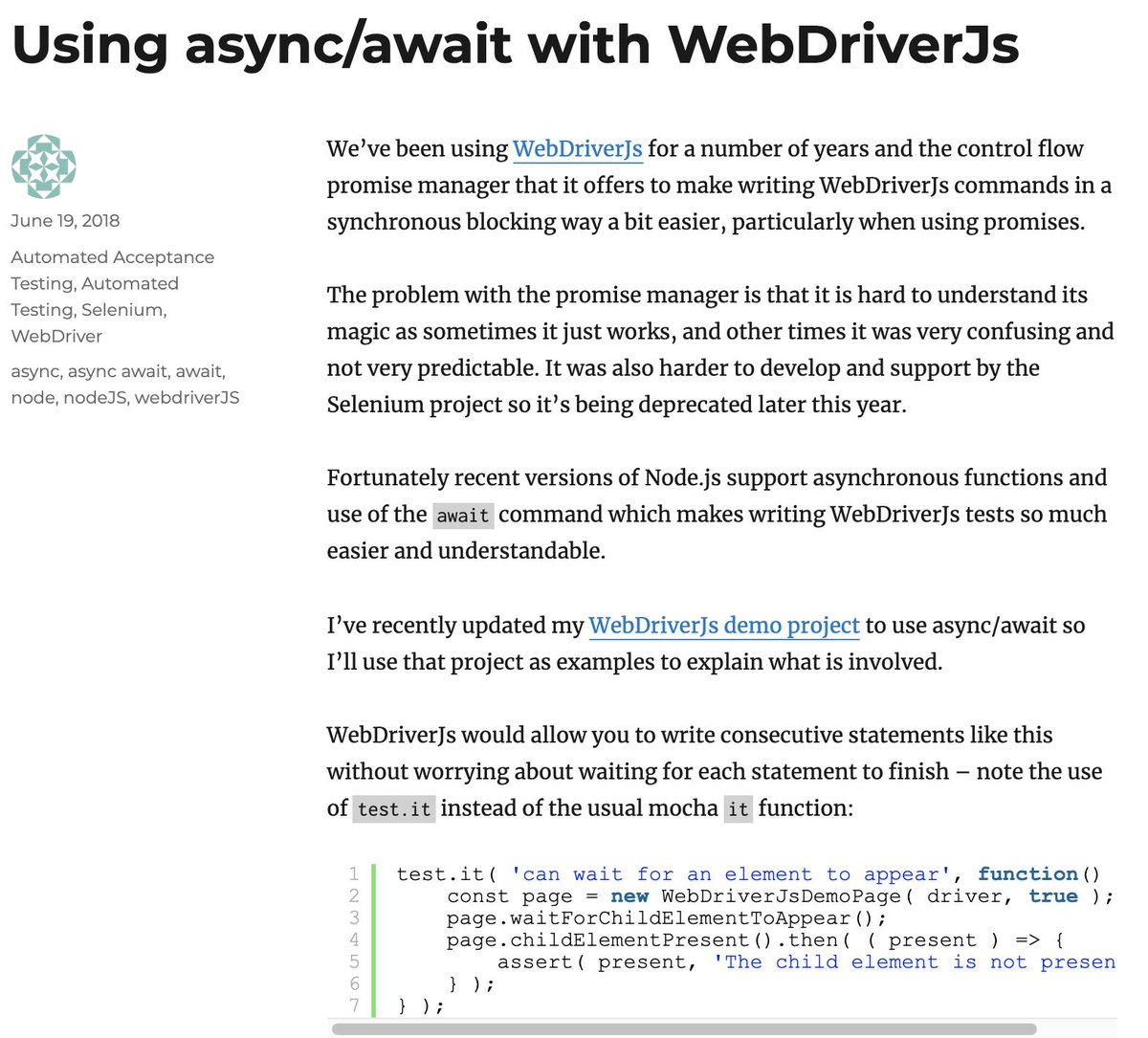 RudolfGroetz's tweet image. #sharingIsCaring  - Using async/await to make writing #WebDriverJs commands in a synchronous blocking way a bit easier - bit.ly/2OOkxKr- thx to EasyK for sharing - kudos to @watirmelon @SeleniumHQ #SeleniumFindingOfTheWeek is powered by @iSQICert and #atamVIE