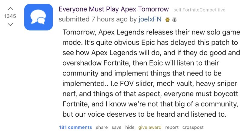The play Apex Legends movement has taken off on reddit. Who’s going to play Apex tomorrow instead of Fortnite?
