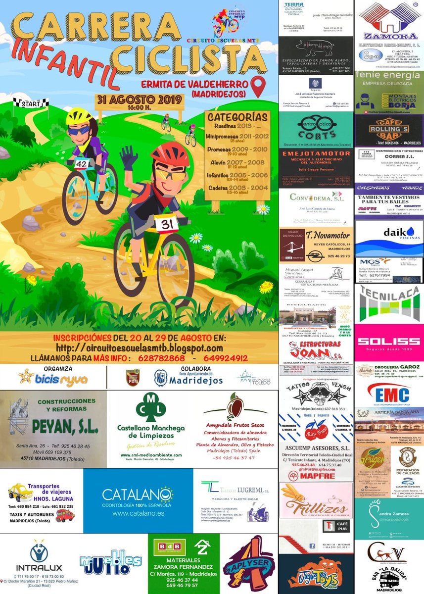 > Carrera ciclista infantil #MTB <
31 de agosto, a las 16:00 h. Ermita de Valdehierro (#Madridejos)
Categorías: 
- Ruedines
- Minipromesas
- Promesas
- Alevín
- Infantil
- Cadetes
INSCRIPCIÓN GRATUITA del 20 al 29 de agosto en circuitoescuelasmtb.blogspot.com o en BICIS RYVA.
C/ Palo, 22.