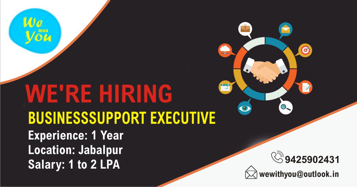 wewithu2's tweet photo. NOW HIRING | Business Support Executive
--
Reach us on wewithyou@outlook.in Or 9425902431

#Wewithyou #Jabalpur #placement
#NowHiring  #Hiring
 #BusinessSupportExecutive
#BusinessSupportExecutive
#Busniess #Devlopment 

Experience: 1 Year
|Location: Jabalpur| Salary: 2 LPA https://t.co/0PGFJOkbCw