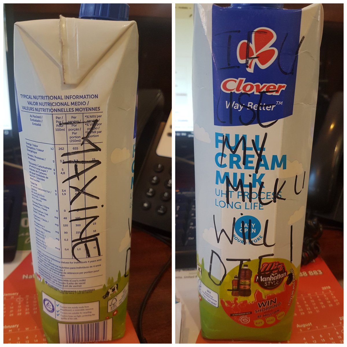 Shanice_Naicker's tweet photo. When there is a milk thief in the office, Maxine knows how to deal with it! 😅🤣 https://t.co/Db06c6gO6R