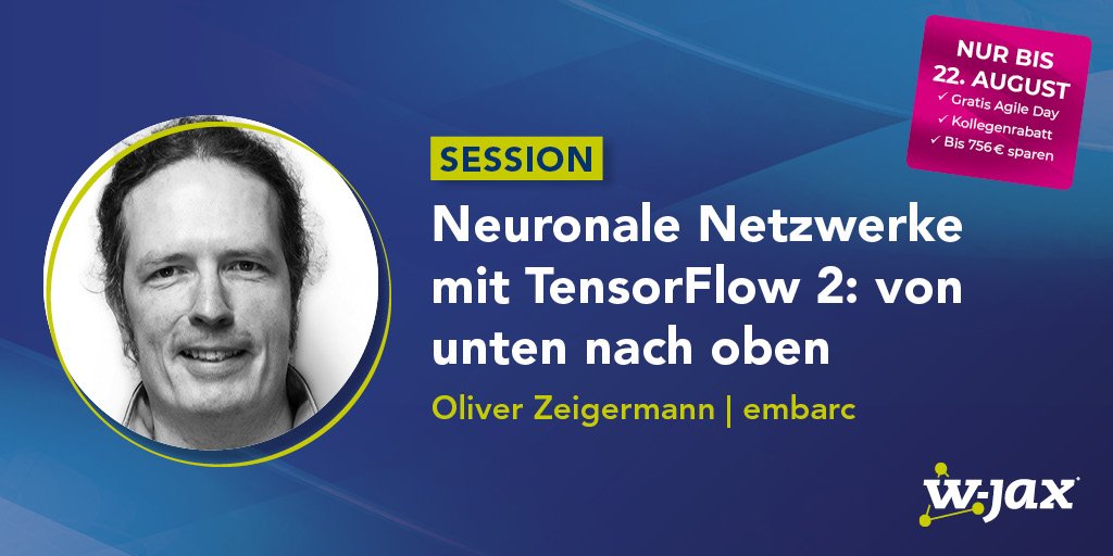jaxcon's tweet photo. In dieser Session von @DJCordhose @embarced lernst Du:
- Matrixmultiplikationen, die Basis für Neuronale Netzwerke
- Loss Functions
- wie man von einer Loss Function zu einem trainierten Neuronalen Netzwerk kommt
- https://t.co/oQ0unovUbE
#TensorFlow #GoogleFramework https://t.co/cvDrAJQ0gL