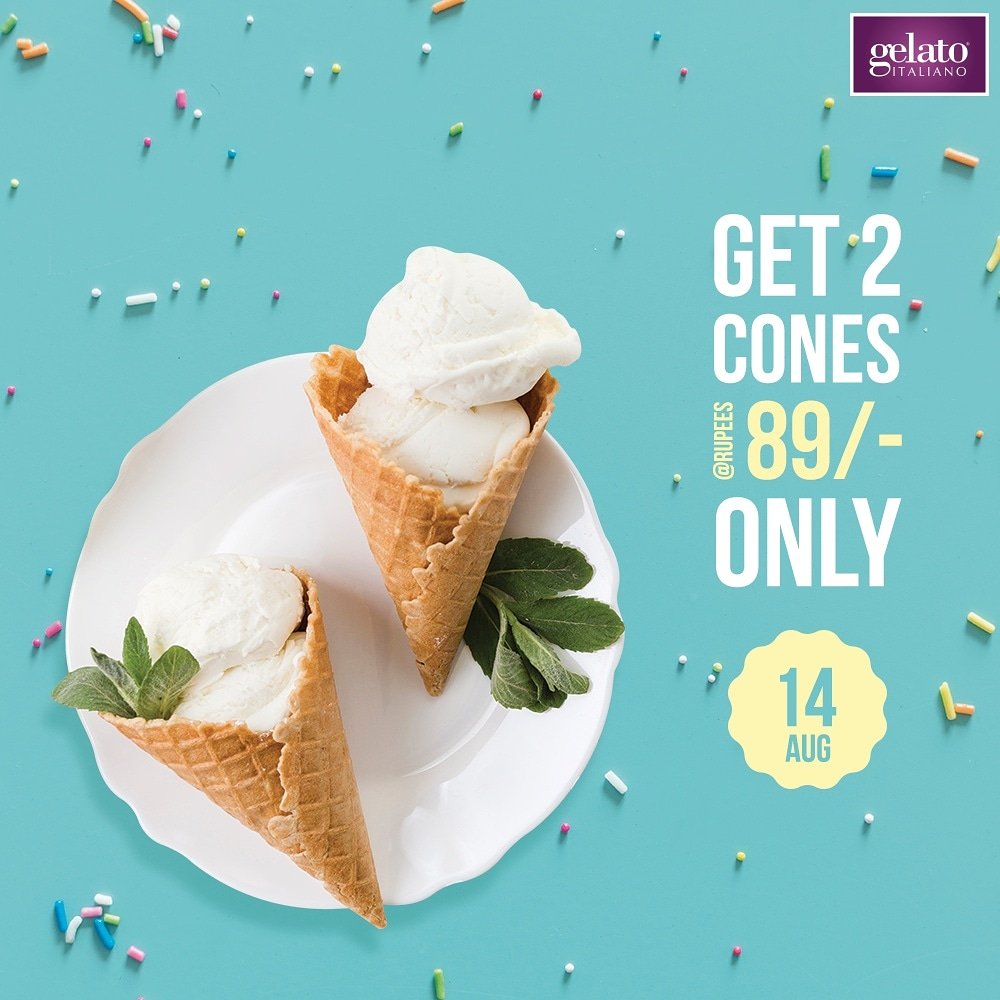 Gelato_Italiano's tweet photo. Celebrate sharing and your common love for creamy frozen desserts on 14th August! Drop in to your nearest #GelatoItaliano outlet and get 2 cones of your favourite flavours at just INR 89! It's a one day offer, don't miss out! 😊

#Gelato #FrozenDelight https://t.co/2zNDr0kwRb