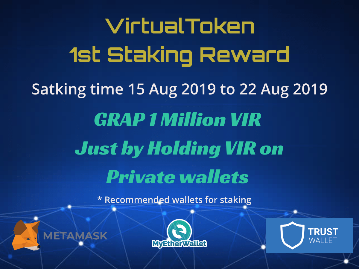 virtoken's tweet photo. Virtoken 1st Staking
Grap 1 Million VIR 
Staking period : 15th Aug 2019 to 22 Aug 2019

Distribution:

For Ex:  Reward = Individual Holding (500000 VIR) / Total Staking Amount (5000000) x 100 =10%
The users will get 10% (500000) of the reward pool.

https://t.co/pmeuwtY6DK https://t.co/ITE9AOoGDu