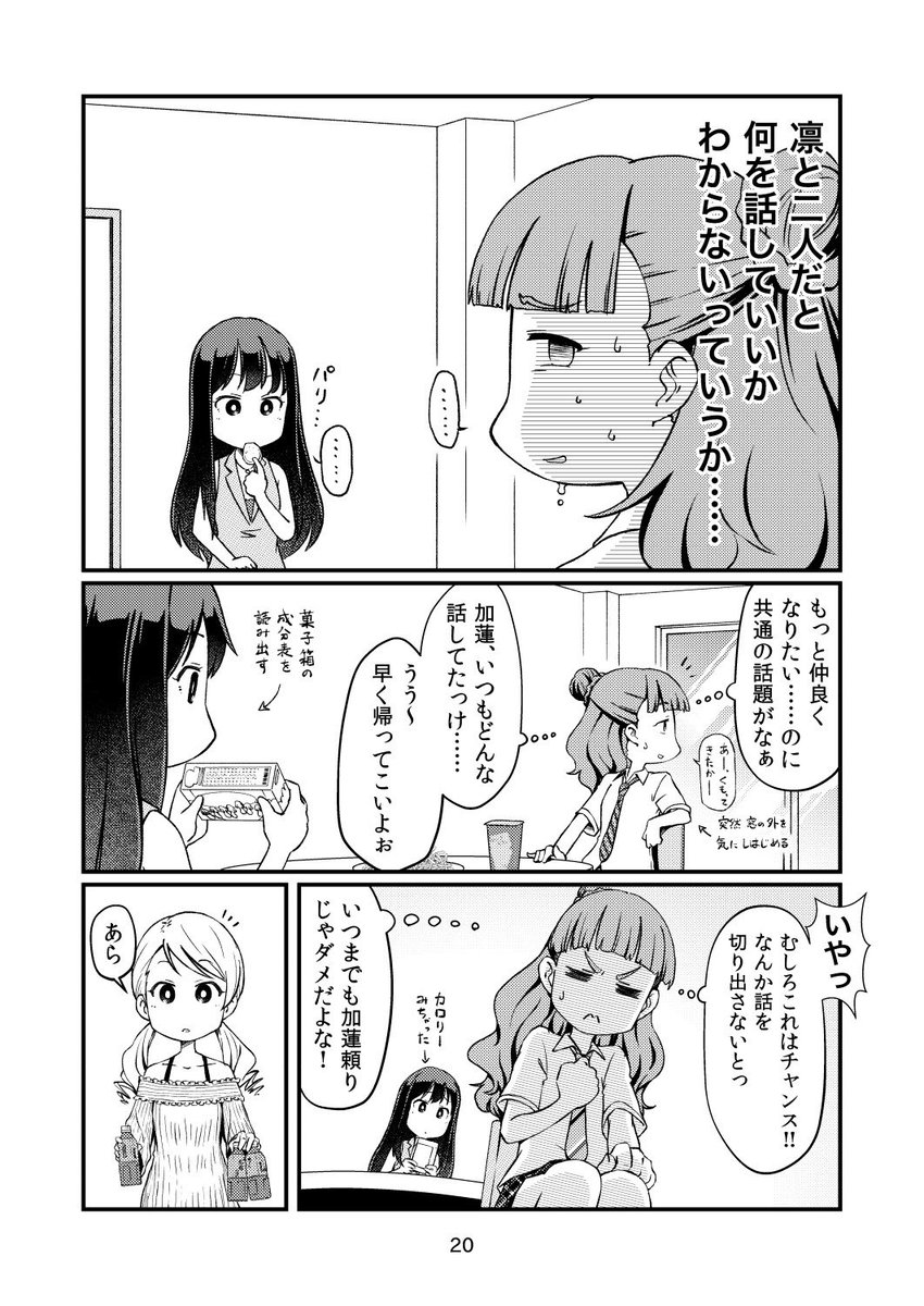 いるじゃん、仲は良いけどサシだと会話の盛り上がらない友達。
沈黙が怖い奈緒、沈黙が平気な凛、お花摘みに行く加蓮

頼む加蓮! 早く帰ってきてくれ!!
お前の回しが必要なんだ!!

ご安心ください、三人ともちゃんと可愛いです。

こ… 
