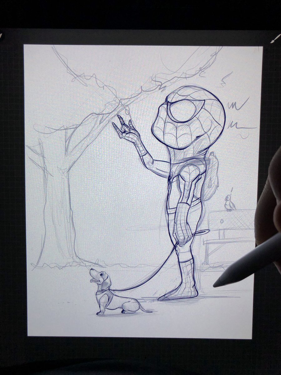 aldo_v10's tweet photo. A little cool down sketch for tonight. Not sure what they’re looking at tho, I didn’t think it through all the way. I’ll finish this tomorrow.
•
#spiderman #dachshund #sketch #illustration #illustrator #cooldown #cartoon #procreate4 #digitaldrawing #kidlitart #kidlit https://t.co/j0ElDt0Jni