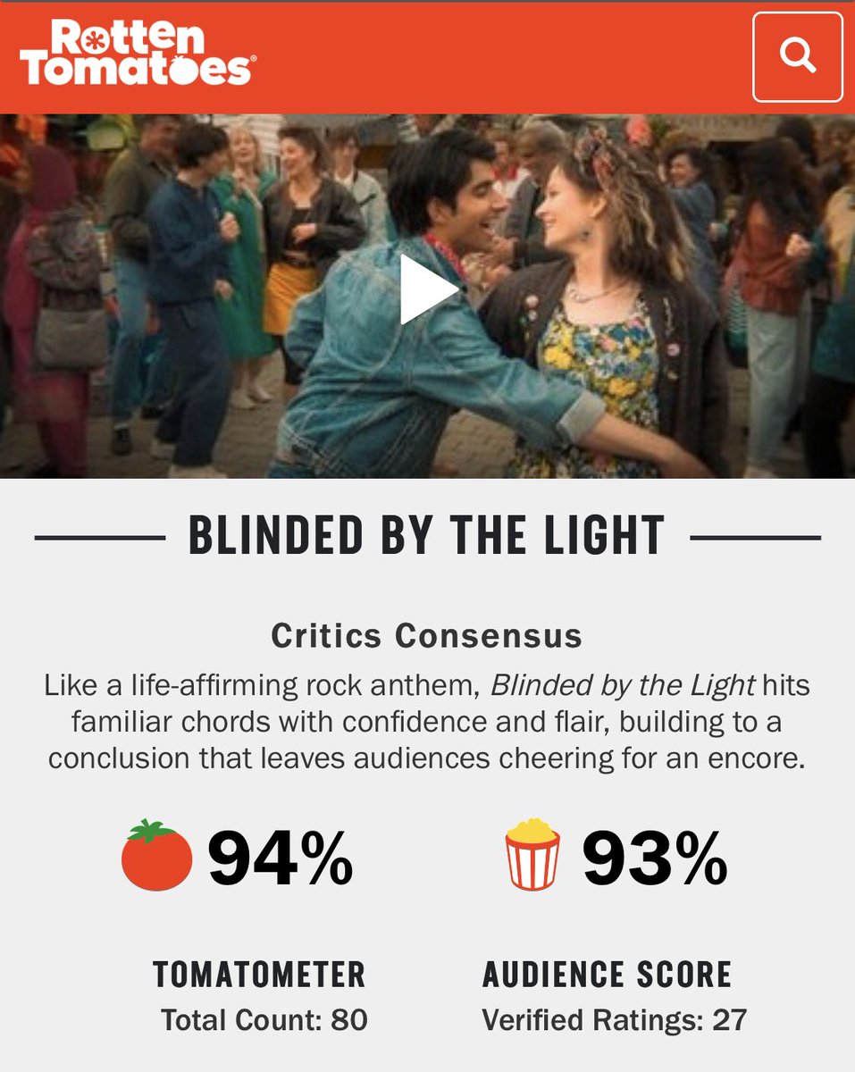The Rotten Tomatoes rating for Blinded By The Light has been upgraded to 94%. Yay! Can it go higher? #blindedbythelightmovie #rottentomatoes  #BruceSpringsteen <a href="/BBTLmovie/">Blinded by the Light Movie</a> <a href="/GurinderC/">Gurinder Chadha OBE 💙</a>