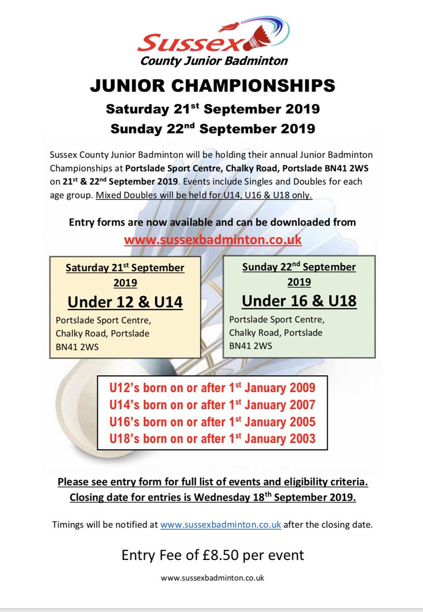 sussexbadminton's tweet photo. The annual Sussex County Junior Championships 2019 will be held on 21st/22nd September 🏸 #sussexbadminton #scjb #countychamps https://t.co/YGKayOBI1w