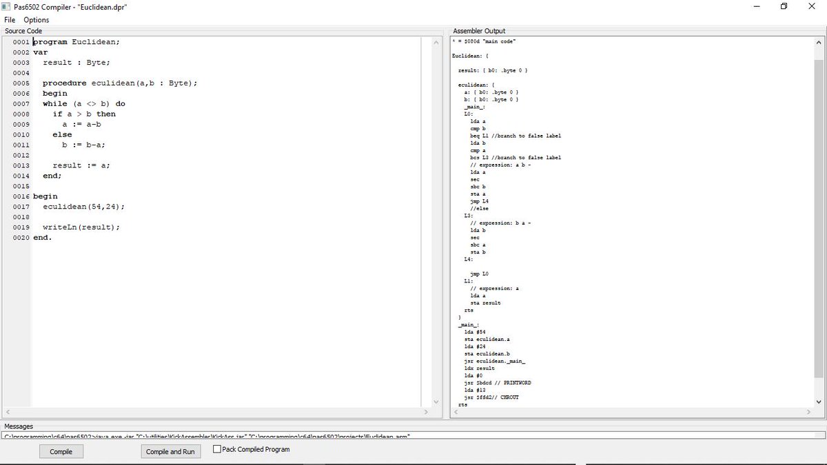 SyntaxErrorSoft's tweet photo. #Pas6502 #SomeProgress...I have some code output working and running now...The Euclidean algorithm (GCD) via a #procedure call with #parameters and a #writeln thrown in is alive, ALIVE!! Bwahahaha...today the electrons, tomorrow the world :D #c64 #c64retweets #everythingc64 https://t.co/dEhODH3Sz3