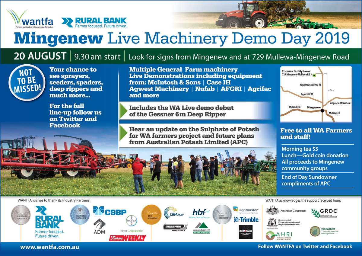 Only a week to the big live farm machinery demo day at Mingenew next Tuesday August 20 7km from Mingenew on the Mullewa road look for signage. Sprayers-Seeders-Rippers-Spader IHSD update. 930 am start free entry local community group catering morning tea/lunch do not miss it !